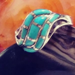STERLING/KINGMAN INLAY TURQUOISE RING.(R-09) (SIZE-10)